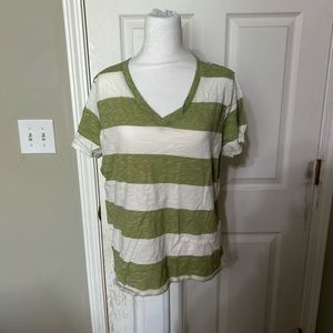 Green and white striped v-neck
